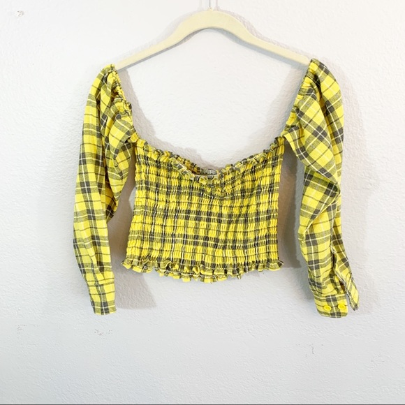 Starlette Yellow Black Smocked 3/4 Sleeve Crop Top - Picture 2 of 4